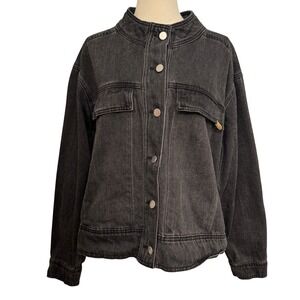Zyia Black Crossroads Jean Moto Jacket Size 2X Washed Button Front Oversized EUC